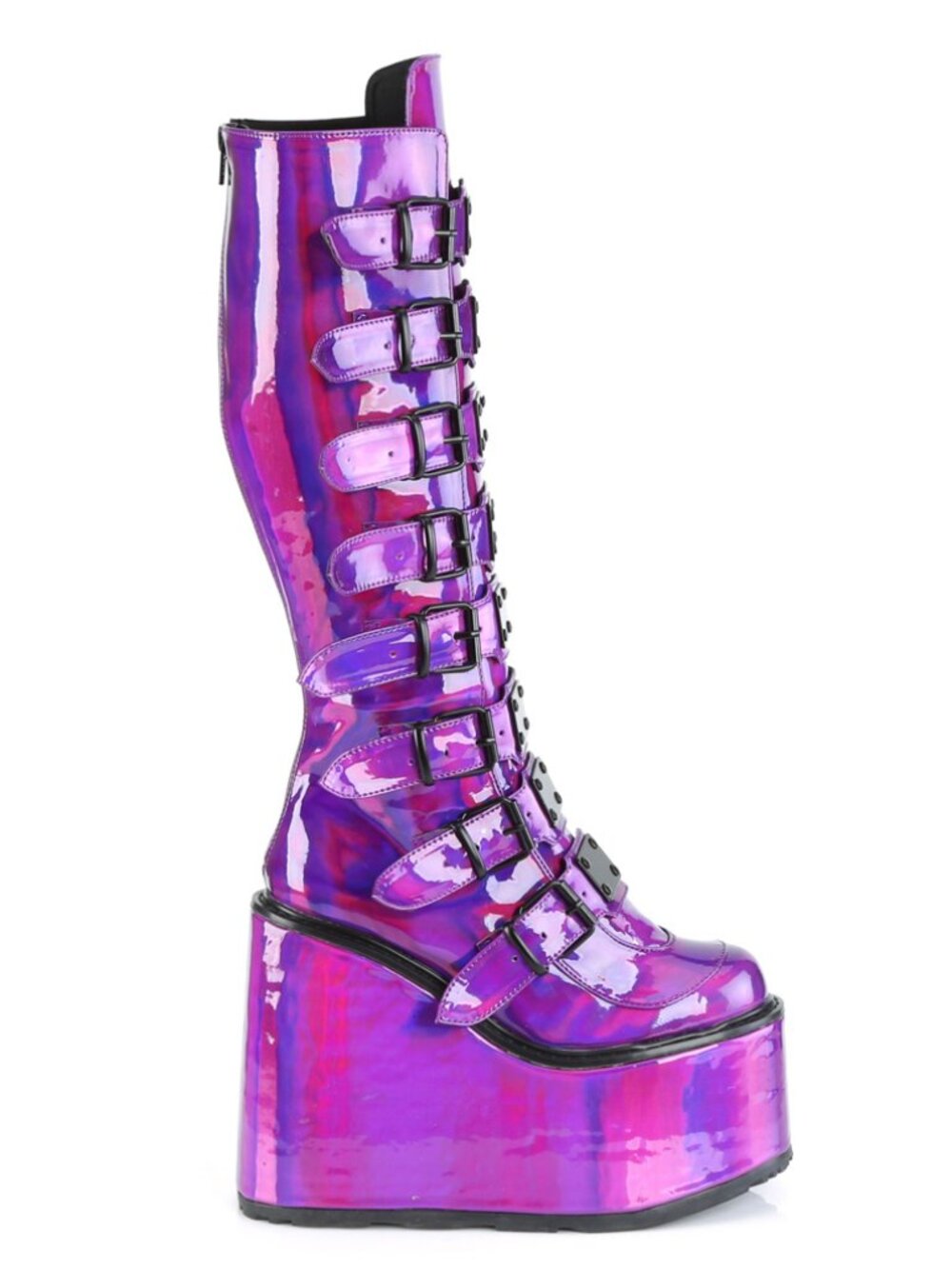 Purple Holographic Platform Knee High Boots - Gothic Rave 8-Buckle Boots